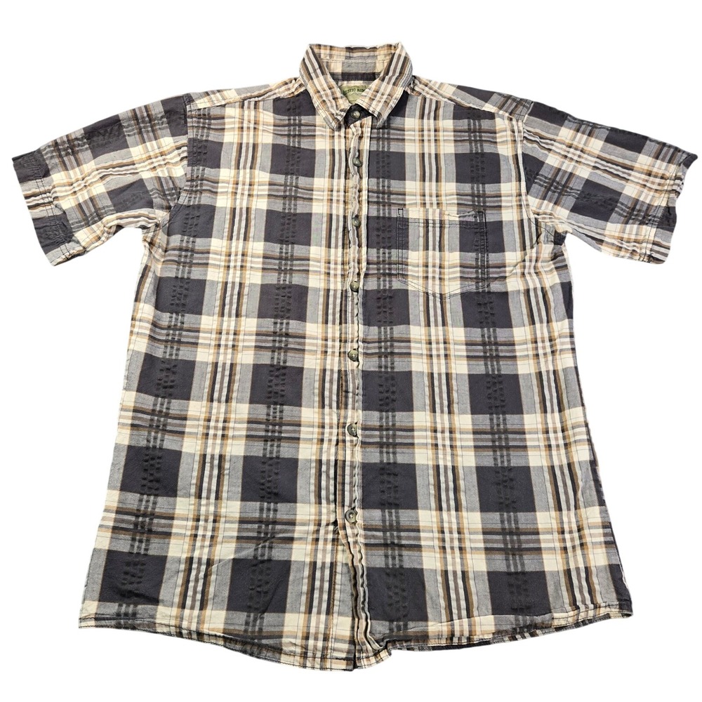 Rustic Ridge Men's Grey Tan Plaid Short Sleeve Cotton Button Down Shirt Size M